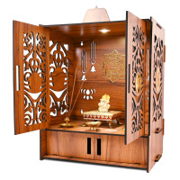 Rousrie Wooden Temple Mandir for Home with Door Cabinets | Beautiful Pooja Unit with Storage Space | with LED Light and Wall Mounts | Elegant Pooja Mandir for Home Big Size(H-17.3, L-11, B-10.6 inch)