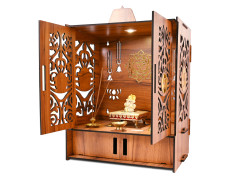 Rousrie Wooden Temple Mandir for Home with Door Cabinets | Beautiful Pooja Unit with Storage Space | with LED Light and Wall Mounts | Elegant Pooja Mandir for Home Big Size(H-17.3, L-11, B-10.6 inch)