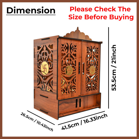 Rousrie Wooden Temple Mandir for Home with Door Cabinets | Beautiful Pooja Unit with Storage Space | with LED Light and Wall Mounts | Elegant Pooja Mandir for Home Big Size(H-17.3, L-11, B-10.6 inch)