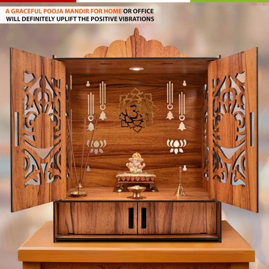 Rousrie Wooden Temple Mandir for Home with Door Cabinets | Beautiful Pooja Unit with Storage Space | with LED Light and Wall Mounts | Elegant Pooja Mandir for Home Big Size(H-17.3, L-11, B-10.6 inch)