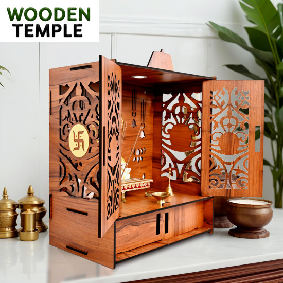 Rousrie Wooden Temple Mandir for Home with Door Cabinets | Beautiful Pooja Unit with Storage Space | with LED Light and Wall Mounts | Elegant Pooja Mandir for Home Big Size(H-17.3, L-11, B-10.6 inch)