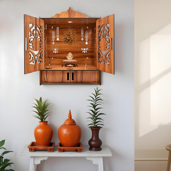 Rousrie Wooden Temple Mandir for Home with Door Cabinets | Beautiful Pooja Unit with Storage Space | with LED Light and Wall Mounts | Elegant Pooja Mandir for Home Big Size(H-17.3, L-11, B-10.6 inch)