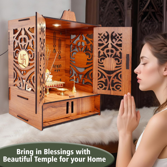 Rousrie Wooden Temple Mandir for Home with Door Cabinets | Beautiful Pooja Unit with Storage Space | with LED Light and Wall Mounts | Elegant Pooja Mandir for Home Big Size(H-17.3, L-11, B-10.6 inch)