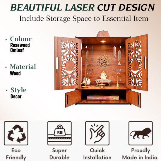 Rousrie Wooden Temple Mandir for Home with Door Cabinets | Beautiful Pooja Unit with Storage Space | with LED Light and Wall Mounts | Elegant Pooja Mandir for Home Big Size(H-17.3, L-11, B-10.6 inch)