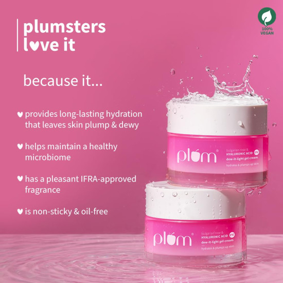 Plum 1% Hyaluronic Acid & Bulgarian Rose ​Dew-It-Light Gel Moisturizer Cream​ 50g | 120 hrs Multi-Layer Hydration | Retains Moisture | Light, Oil-Free, Non-Greasy | Face Moisturiser for Women & Men | For All Skin Types |