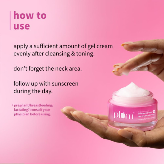 Plum 1% Hyaluronic Acid & Bulgarian Rose ​Dew-It-Light Gel Moisturizer Cream​ 50g | 120 hrs Multi-Layer Hydration | Retains Moisture | Light, Oil-Free, Non-Greasy | Face Moisturiser for Women & Men | For All Skin Types |