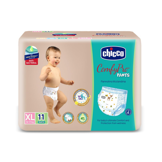 Chicco Comfy-Pro Pant Style Baby Diapers | Anti-bacterial benefits | Ultra Soft & 12hrs protection | Wetness indicator & Disposing Tapes - XL, 11 Count, 12-17 Kg