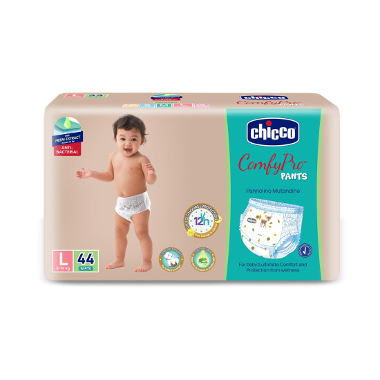 Chicco Comfy-Pro Pant Style Baby Diapers | Anti-bacterial benefits | Ultra Soft & 12hrs protection | Wetness indicator & Disposing Tapes - Large, 44 Count, 9-14 Kg