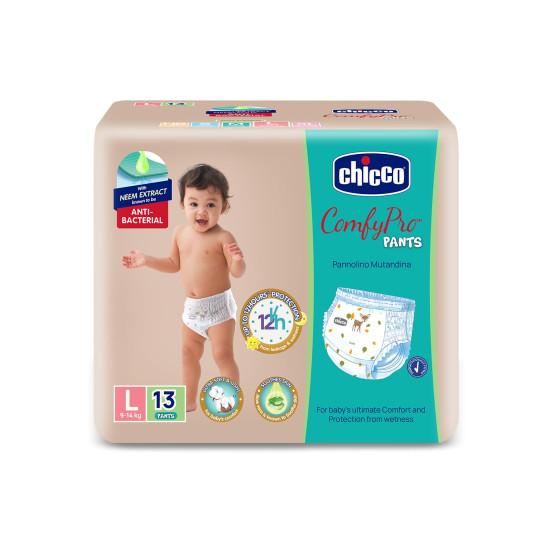 Chicco Comfy-Pro Pant Style Baby Diapers | Anti-bacterial benefits | Ultra Soft & 12hrs protection | Wetness indicator & Disposing Tapes - Large, 13 Count, 9-14 Kg