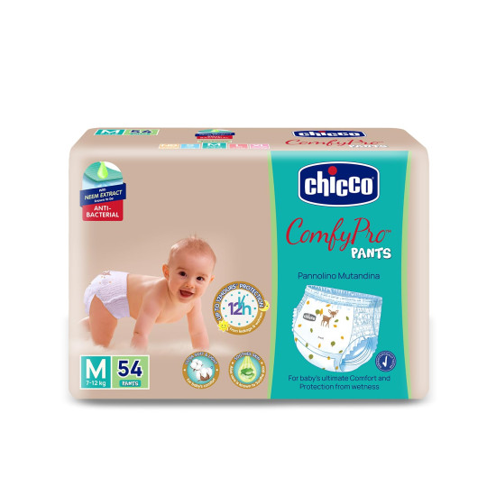Chicco Comfy-Pro Pant Style Baby Diapers | Anti-bacterial benefits | Ultra Soft & 12hrs protection | Wetness indicator & Disposing Tapes - Medium, 54 Count, 7-12 Kg Chicco Comfy-Pro Pant Style Baby Diapers | Anti-bacterial benefits | Ultra Soft & 12hrs protection | Wetness indicator & Disposing Tapes - Medium, 54 Count, 7-12 Kg
