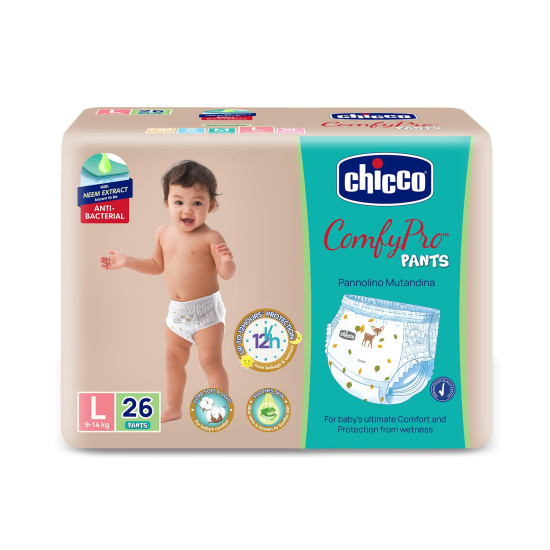 Chicco Comfy-Pro Pant Style Baby Diapers | Anti-bacterial benefits | Ultra Soft & 12hrs protection | Wetness indicator & Disposing Tapes - Large, 26 Count, 9-14 Kg