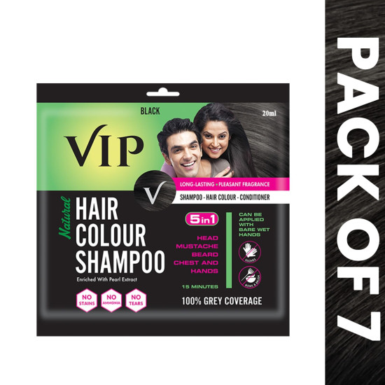 VIP Hair Color Shampoo 20 ml (Pack of 7) | 3 in 1 Hair Dye shampoo | Ammonia Free | Grey Coverage | Travel Size (Natural Black)