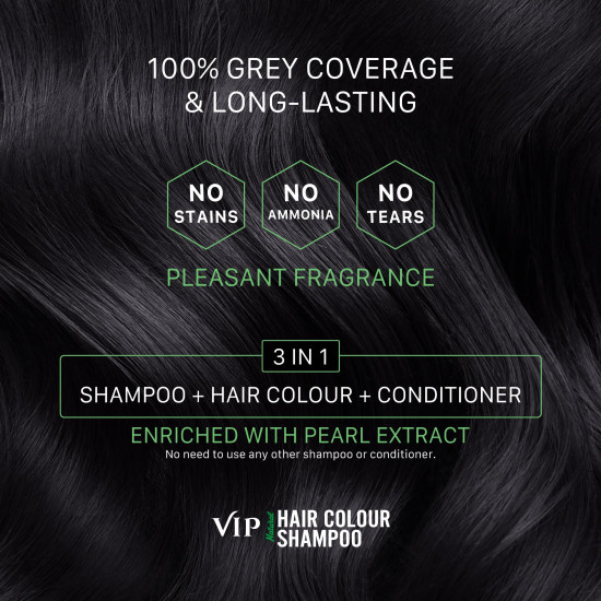 VIP Hair Color Shampoo 20 ml (Pack of 7) | 3 in 1 Hair Dye shampoo | Ammonia Free | Grey Coverage | Travel Size (Natural Black)
