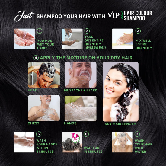 VIP Hair Color Shampoo 20 ml (Pack of 7) | 3 in 1 Hair Dye shampoo | Ammonia Free | Grey Coverage | Travel Size (Natural Black)