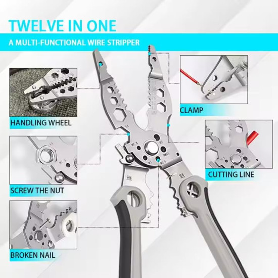 QXORE All in 1 Multifunction Stainless Steel Wire Stripper/Wire Crimping Tool, Wire Cutter, Wire Crimper, Cable Stripper, Wiring Tools and Multi-Function Hand Tool (12 IN 1)