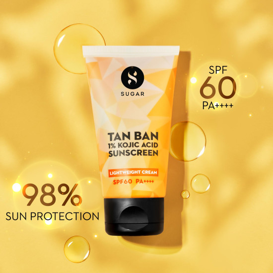 SUGAR Cosmetics Tan Ban 1% Kojic Acid Sunscreen SPF60 ++++ | 1% Peptide Complex | Barrier Repair | No White Cast | 50ml
