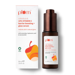 Plum 10% Vitamin C & Calendula Barrier Boosting + Glow Serum 30ml | With 3% Niacinamide, 1% Hyaluronic acid & 1% Ceramide complex | Clinically proven to reduce pigmentation & dark spots in 14 days | Boosts glow from 1st use |