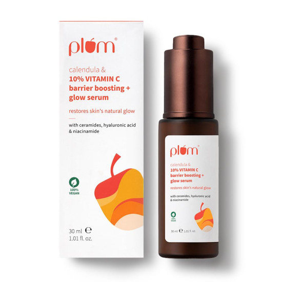 Plum 10% Vitamin C & Calendula Barrier Boosting + Glow Serum 30ml | With 3% Niacinamide, 1% Hyaluronic acid & 1% Ceramide complex | Clinically proven to reduce pigmentation & dark spots in 14 days | Boosts glow from 1st use |