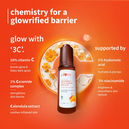 Plum 10% Vitamin C & Calendula Barrier Boosting + Glow Serum 30ml | With 3% Niacinamide, 1% Hyaluronic acid & 1% Ceramide complex | Clinically proven to reduce pigmentation & dark spots in 14 days | Boosts glow from 1st use |