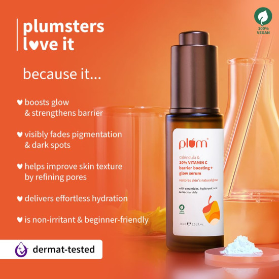 Plum 10% Vitamin C & Calendula Barrier Boosting + Glow Serum 30ml | With 3% Niacinamide, 1% Hyaluronic acid & 1% Ceramide complex | Clinically proven to reduce pigmentation & dark spots in 14 days | Boosts glow from 1st use |