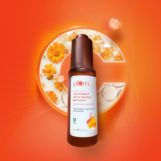 Plum 10% Vitamin C & Calendula Barrier Boosting + Glow Serum 30ml | With 3% Niacinamide, 1% Hyaluronic acid & 1% Ceramide complex | Clinically proven to reduce pigmentation & dark spots in 14 days | Boosts glow from 1st use |