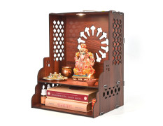 Gift Kya De Wooden Temple for Home | Pooja Mandir with LED Light, Drawer & Shelves | Wall Mounted or Tabletop Mandir with OM Logo (DIY - H-15 x L-12 x W-10.5 Inch) (Traditional)