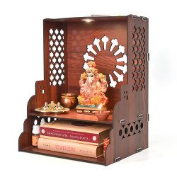 Gift Kya De Wooden Temple for Home | Pooja Mandir with LED Light, Drawer & Shelves | Wall Mounted or Tabletop Mandir with OM Logo (DIY - H-15 x L-12 x W-10.5 Inch) (Traditional)
