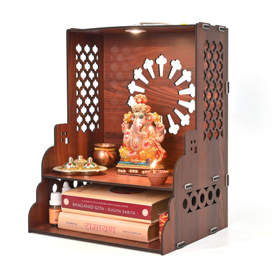 Gift Kya De Wooden Temple for Home | Pooja Mandir with LED Light, Drawer & Shelves | Wall Mounted or Tabletop Mandir with OM Logo (DIY - H-15 x L-12 x W-10.5 Inch) (Traditional)