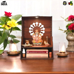 Gift Kya De Wooden Temple for Home | Pooja Mandir with LED Light, Drawer & Shelves | Wall Mounted or Tabletop Mandir with OM Logo (DIY - H-15 x L-12 x W-10.5 Inch) (Traditional)