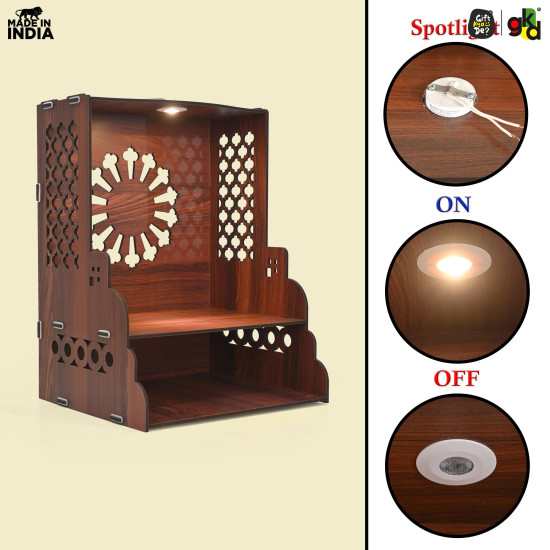 Gift Kya De Wooden Temple for Home | Pooja Mandir with LED Light, Drawer & Shelves | Wall Mounted or Tabletop Mandir with OM Logo (DIY - H-15 x L-12 x W-10.5 Inch) (Traditional)