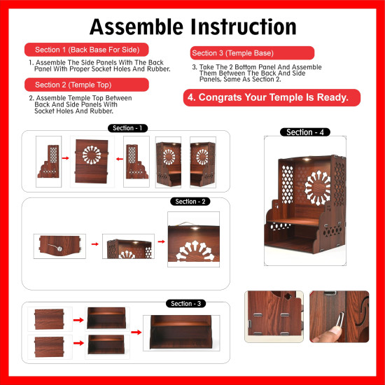 Gift Kya De Wooden Temple for Home | Pooja Mandir with LED Light, Drawer & Shelves | Wall Mounted or Tabletop Mandir with OM Logo (DIY - H-15 x L-12 x W-10.5 Inch) (Traditional)