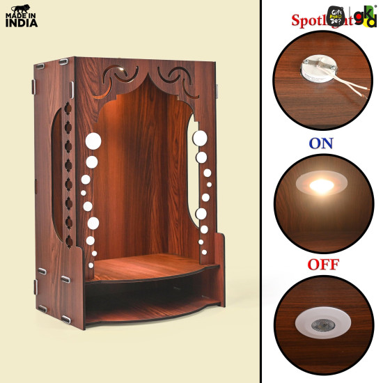 Gift Kya De Wooden Temple for Home Wall Mounted | LED Light Compact Pooja Mandir for Office, Flat, Living Room | Minimal Design Pooja Stand (DIY- H-16 x L-10 x W-7 Inch) (Modern Glow)