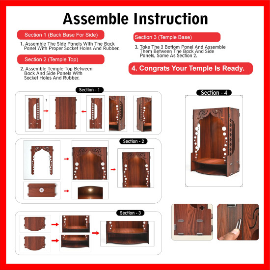 Gift Kya De Wooden Temple for Home Wall Mounted | LED Light Compact Pooja Mandir for Office, Flat, Living Room | Minimal Design Pooja Stand (DIY- H-16 x L-10 x W-7 Inch) (Modern Glow)