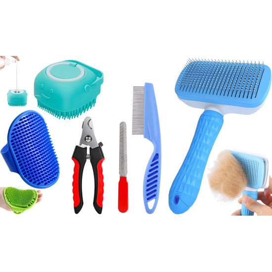 Style Keepers 5-in-1 Pet Grooming Kit for Dogs & Cats – Includes Self Cleaning Brush, Cat Comb, Silicone Bath Scrubber, Flea Comb & Nail Clipper | Grooming Tools for All Hair Types | Dog Brush Kit