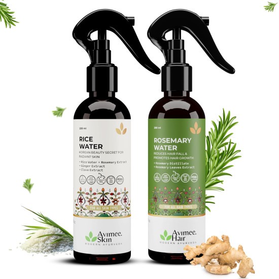 Avimee Herbal Rosemary Water & Rice Water Combo | Hair Growth Spray + Skin Toner | With Natural Extracts | For Dandruff, Frizz & Glowing Skin