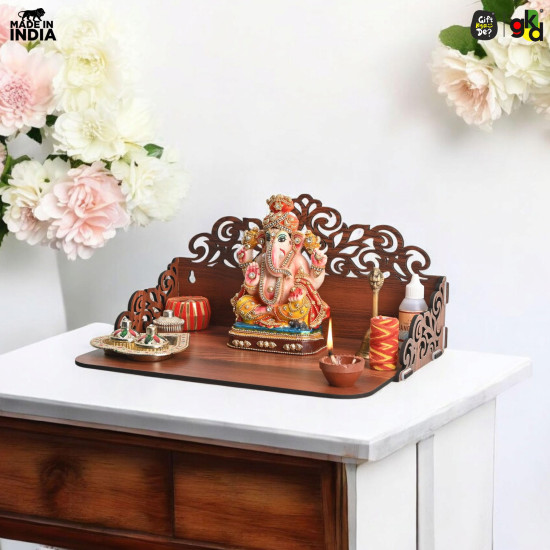 Gift Kya De Wooden Pooja Mandir for Home Wall | Small Temple for Office & Room | Indian Wooden Temple for Table or Shelf | Compact DIY Mandir | 12x9x6 Inch | Classic Design