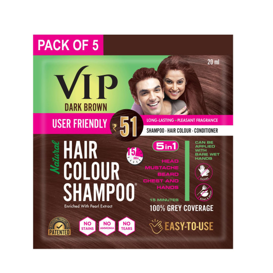 VIP Hair Colour Shampoo dark brown | grey hair coverage in 15 minutes, 20ml (pack of 5)