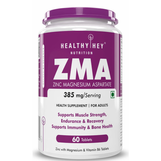 HealthyHey Nutrition ZMA and Zinc Supplement for Men & Women | Zinc and Magnesium Aspartate Supplements | Zinc tablets May Support Muscle Recovery and Sleep Quality (60 Tablets)