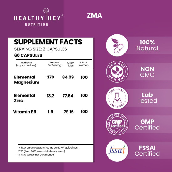 HealthyHey Nutrition ZMA and Zinc Supplement for Men & Women | Zinc and Magnesium Aspartate Supplements | Zinc tablets May Support Muscle Recovery and Sleep Quality (60 Tablets)