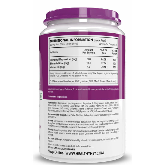 HealthyHey Nutrition ZMA and Zinc Supplement for Men & Women | Zinc and Magnesium Aspartate Supplements | Zinc tablets May Support Muscle Recovery and Sleep Quality (60 Tablets)