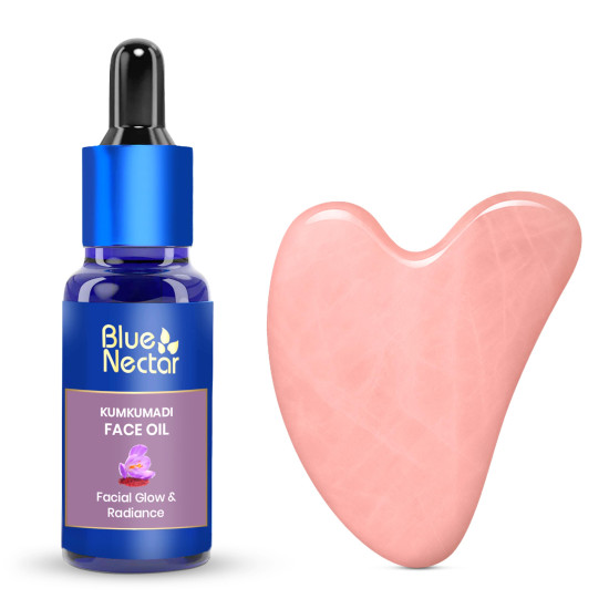 Blue Nectar Rose Quartz Gua Sha for Face with Kumkumadi Oil | Natural Face Massager and Face Serum for Women & Men (30ml, 1 Rose Quartz Gua Sha Stone)