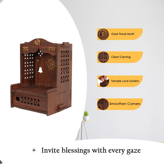 HOMEWEY DECOR Wooden Wall Mounted Pooja Mandir for Home & Office – Handcrafted Temple with Luxurious Finish, Supports Heavy Idols, Decorative Mandir (12.5 x 7 x 8 Inches)