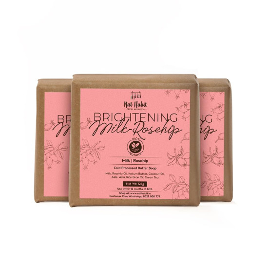 Nat Habit Milk Rosehip Bath Soap with Lactic Acid, Kokum Butter|Cold Processed for Skin Brightening, Anti-Aging & Anti-Acne | Moisturizing Milk Soap, Gentle Exfoliation | Pack of 3 X 125g