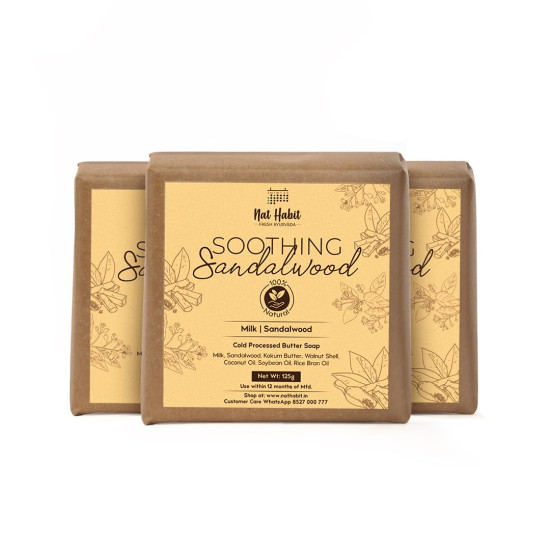Nat Habit Sandalwood De-Tan |Body Tan Removal Soap for Women & Men | Cold Processed Sandal Soap for Tanning, Skin Brightening & Scar Reduction | Handmade & Anti Tan with Rakt Chandan | Pack of 3 X 125g