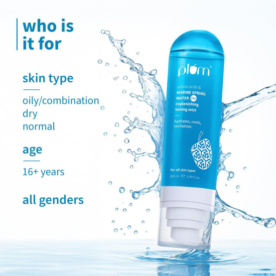 Plum 1% Marine Spring Water Replenishing Toning Mist Spray with Amino Acids | Hydrates, Cools & Revitalizes | with Active Minerals | On-the-go Soothing Face Mist | Face Toner for Women & Men | Suits All Skin Types | 100ml