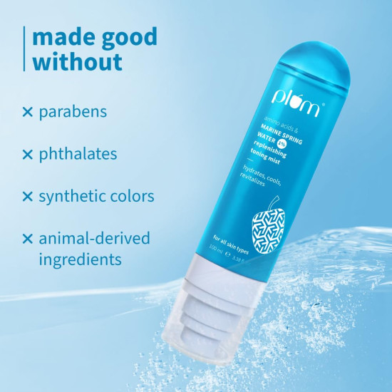Plum 1% Marine Spring Water Replenishing Toning Mist Spray with Amino Acids | Hydrates, Cools & Revitalizes | with Active Minerals | On-the-go Soothing Face Mist | Face Toner for Women & Men | Suits All Skin Types | 100ml