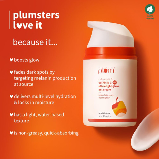 Plum 1% Vitamin C Ultra-Light-Glow Gel Cream with Calendula | Fades Dark Spots, Boosts Glow, Deeply Hydrates | Lightweight, Non-Greasy Face Moisturizer | All Skin Types | for Women and Men | 50g