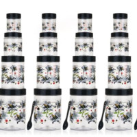 Qshare Flower Printed Storage Containers - Plastic Storage Organiser Jar Set for Kitchen with Airtight Lid Spoon, 1200ml, 650ml, 350ml & 250ml Dabba for Snacks, Grains Dry Fruits (Black, Set Of 24pc)