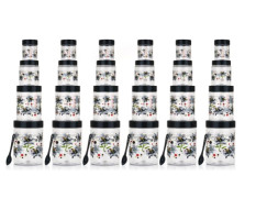 Qshare Flower Printed Storage Containers - Plastic Storage Organiser Jar Set for Kitchen with Airtight Lid Spoon, 1200ml, 650ml, 350ml & 250ml Dabba for Snacks, Grains Dry Fruits (Black, Set Of 24pc)