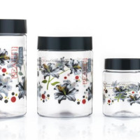 Qshare Flower Printed Storage Containers - Plastic Storage Organiser Jar Set for Kitchen with Airtight Lid Spoon, 1200ml, 650ml, 350ml & 250ml Dabba for Snacks, Grains Dry Fruits (Black, Set Of 24pc)